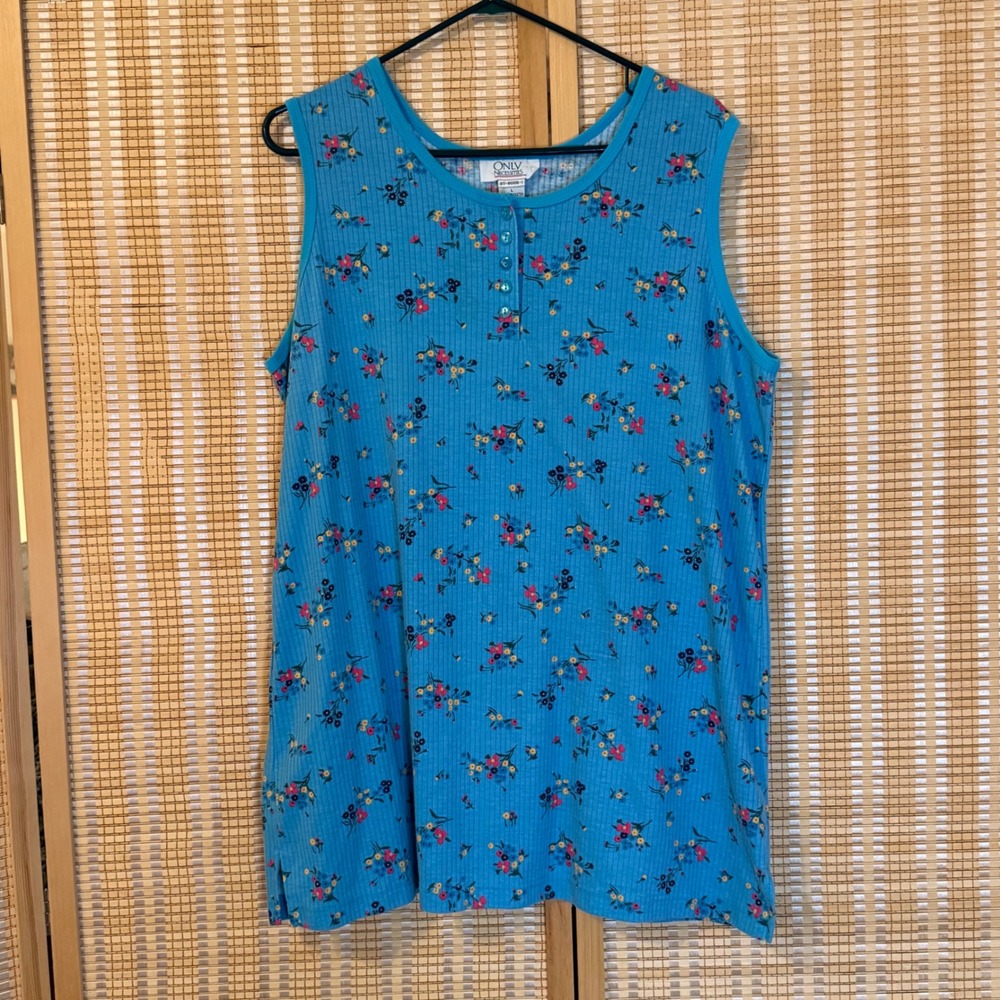 Only Necessities Womens Blue Floral Ribbed Knit Sleeveless Henley Top Large